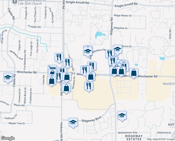 map of restaurants, bars, coffee shops, grocery stores, and more near 6040 Winchester Road in Memphis