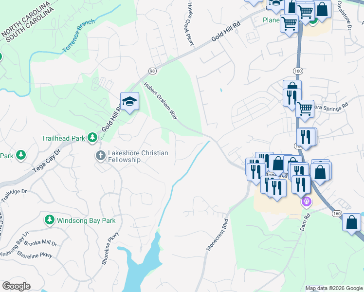 map of restaurants, bars, coffee shops, grocery stores, and more near 1531 Peak Court in Tega Cay
