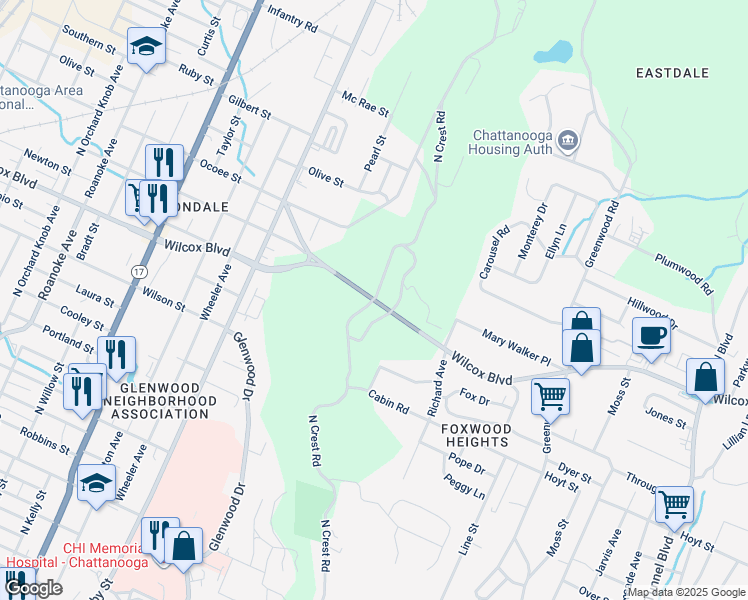 map of restaurants, bars, coffee shops, grocery stores, and more near Wilcox Boulevard Tunnel in Chattanooga