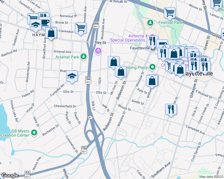 map of restaurants, bars, coffee shops, grocery stores, and more near 312 Mc Iver Street in Fayetteville