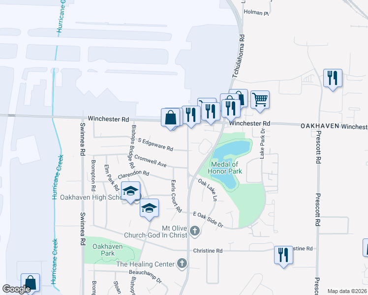 map of restaurants, bars, coffee shops, grocery stores, and more near 3254 South Edgeware Road in Memphis