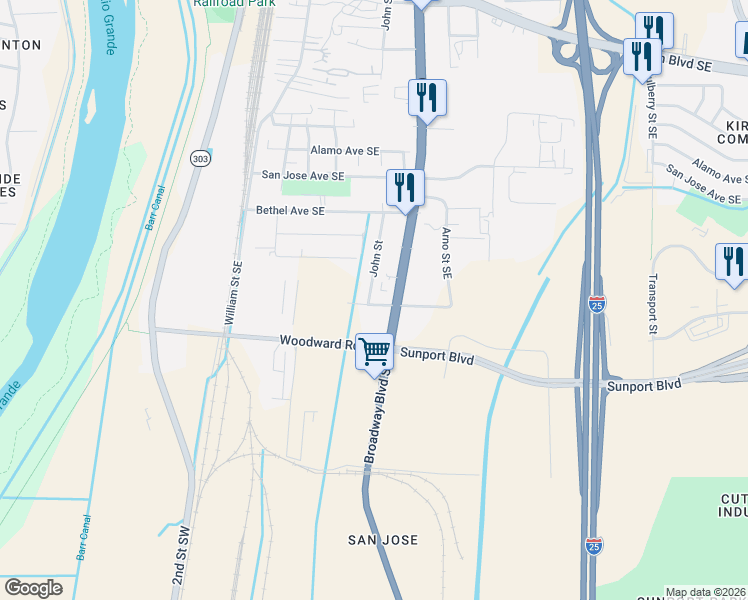 map of restaurants, bars, coffee shops, grocery stores, and more near 407 Wesmeco Drive Southeast in Albuquerque
