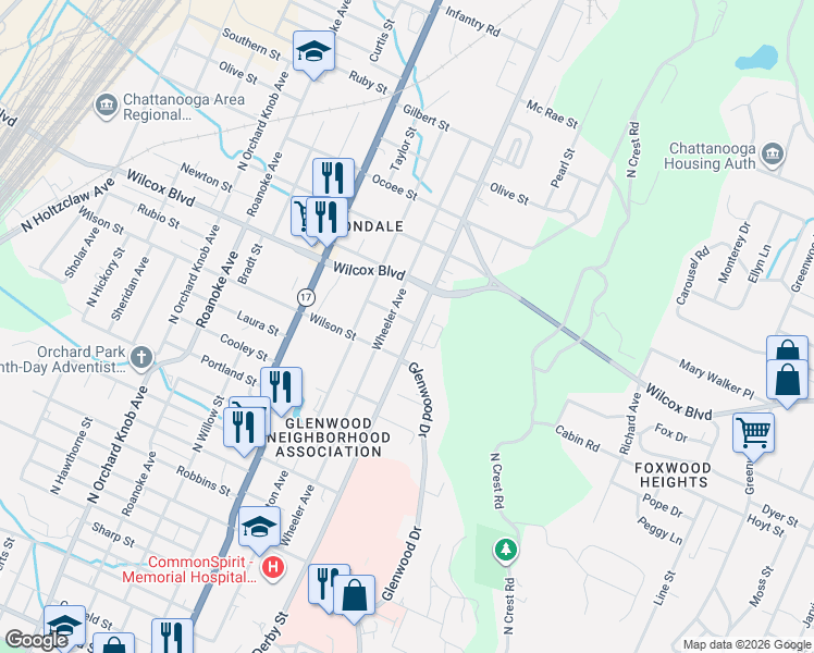 map of restaurants, bars, coffee shops, grocery stores, and more near in Chattanooga