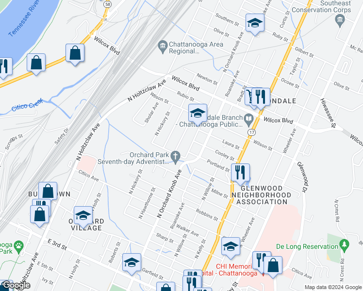 map of restaurants, bars, coffee shops, grocery stores, and more near 1092 North Hawthorne Street in Chattanooga