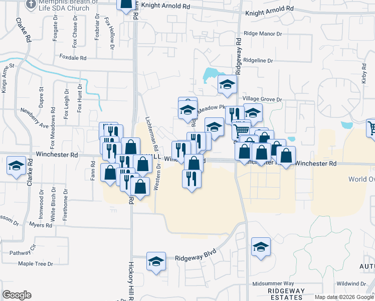 map of restaurants, bars, coffee shops, grocery stores, and more near 6040 Winchester Road in Memphis
