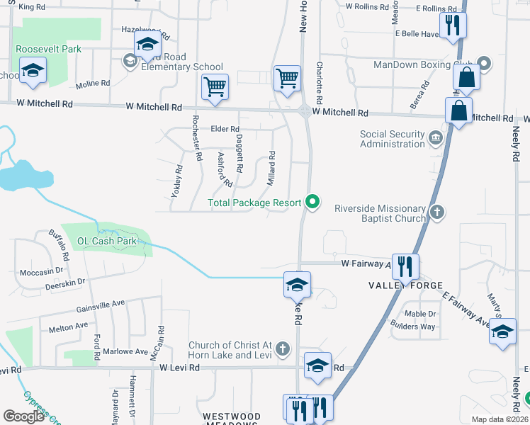 map of restaurants, bars, coffee shops, grocery stores, and more near 3588 Millard Road in Memphis