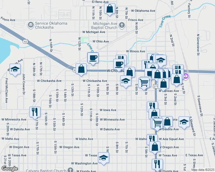 map of restaurants, bars, coffee shops, grocery stores, and more near 117 South 9th Street in Chickasha