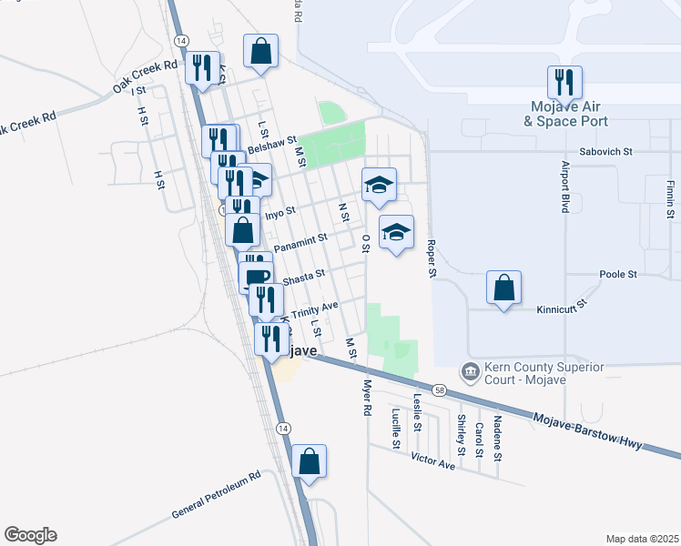 map of restaurants, bars, coffee shops, grocery stores, and more near 2068 Shasta Street in Mojave
