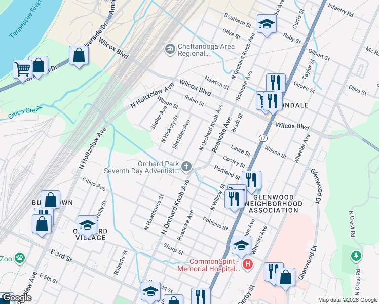 map of restaurants, bars, coffee shops, grocery stores, and more near 1008 North Hawthorne Street in Chattanooga