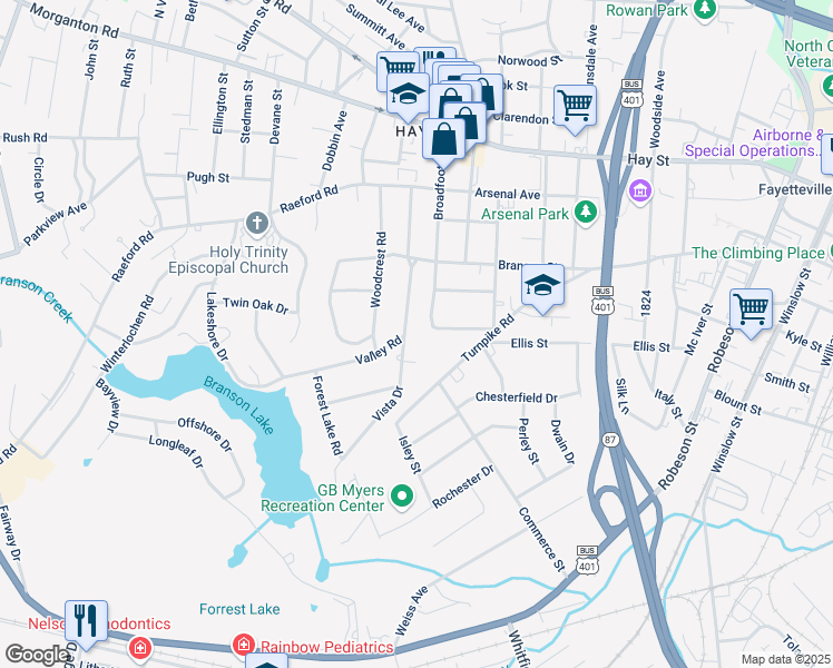 map of restaurants, bars, coffee shops, grocery stores, and more near 319 Valley Road in Fayetteville