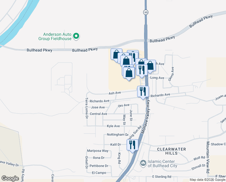 map of restaurants, bars, coffee shops, grocery stores, and more near 1621 Ash Avenue in Bullhead City