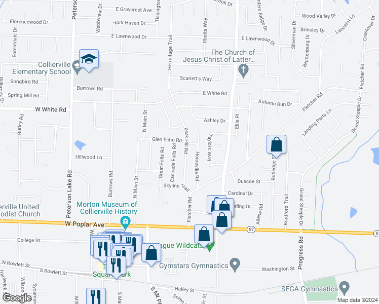 map of restaurants, bars, coffee shops, grocery stores, and more near 388 Park Hill Road in Collierville