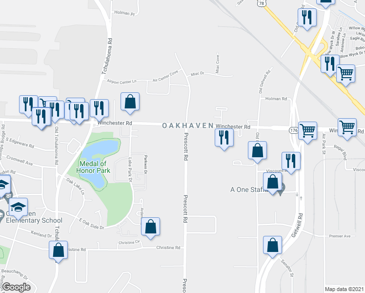 map of restaurants, bars, coffee shops, grocery stores, and more near 3595 Prescott Road in Memphis