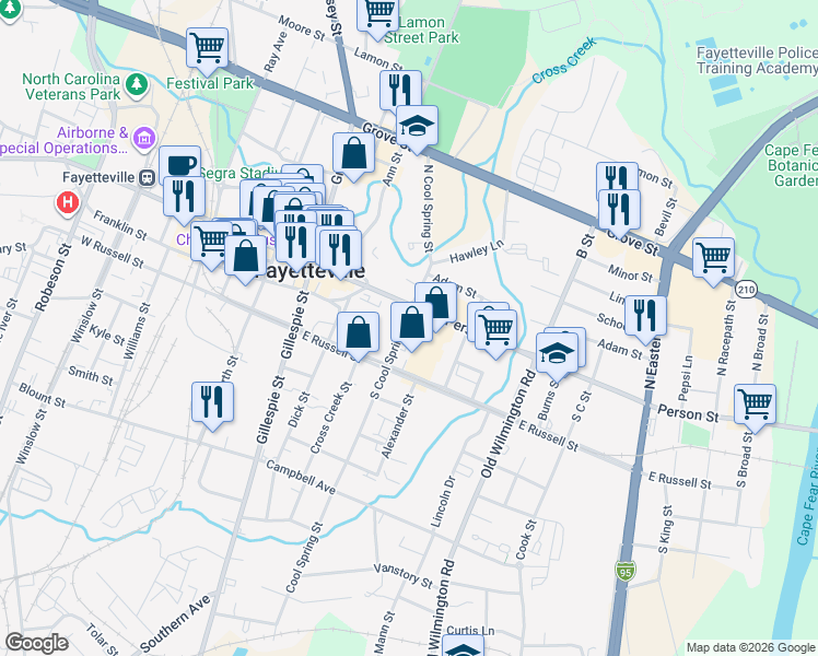 map of restaurants, bars, coffee shops, grocery stores, and more near 117 South Cool Spring Street in Fayetteville