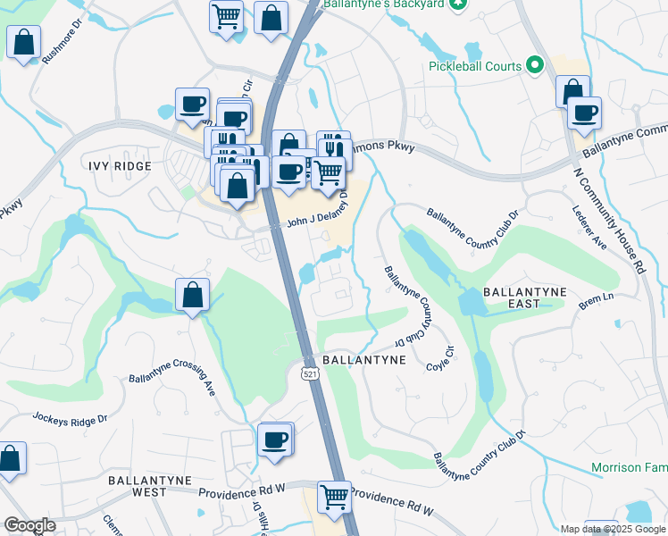 map of restaurants, bars, coffee shops, grocery stores, and more near 15105 Arbor Trail Ct in Charlotte