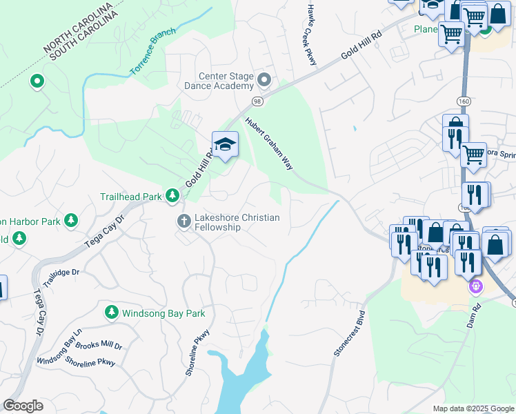 map of restaurants, bars, coffee shops, grocery stores, and more near 1318 Mallard Ridge Drive in Fort Mill