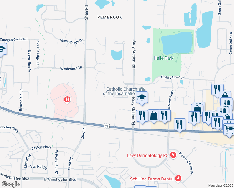 map of restaurants, bars, coffee shops, grocery stores, and more near 146 North Dubray Place in Collierville