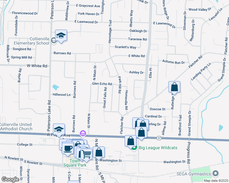 map of restaurants, bars, coffee shops, grocery stores, and more near 386 Cascade Falls Road in Collierville