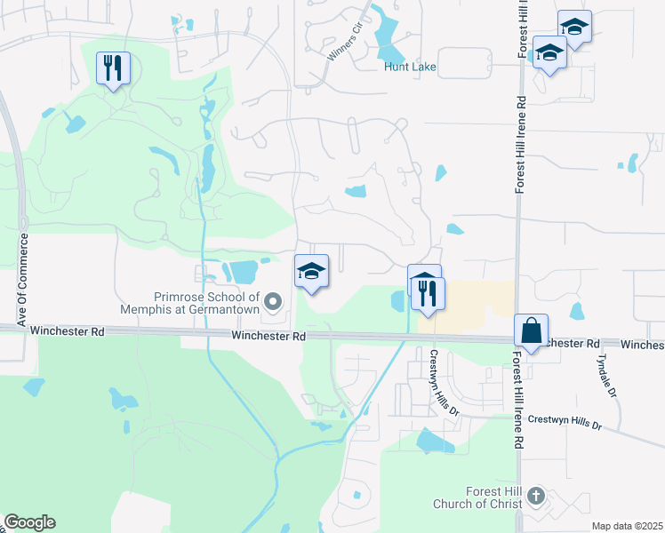 map of restaurants, bars, coffee shops, grocery stores, and more near 3597 Fairwood Cove in Memphis