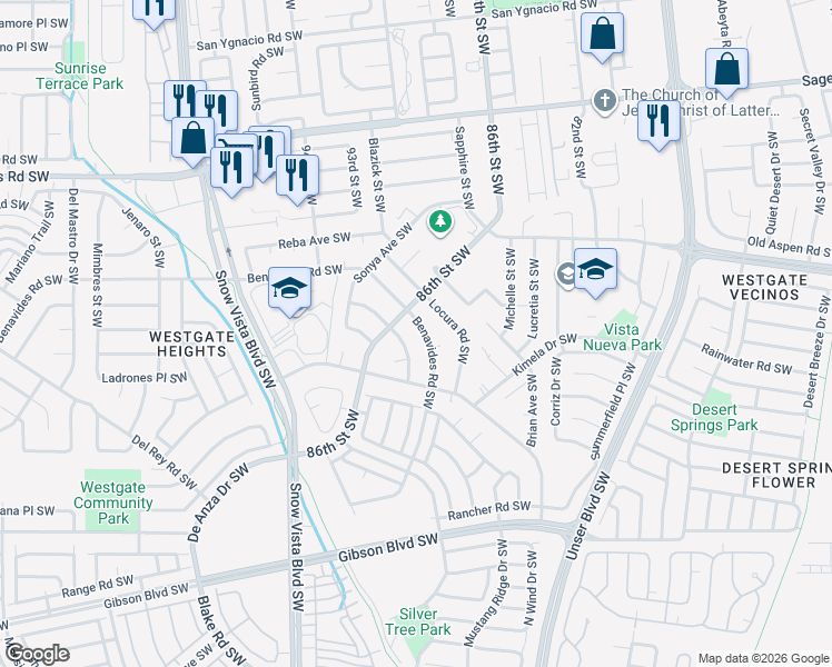 map of restaurants, bars, coffee shops, grocery stores, and more near 9012 Benavides Road Southwest in Albuquerque