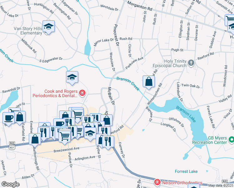 map of restaurants, bars, coffee shops, grocery stores, and more near 424 McRae Drive in Fayetteville