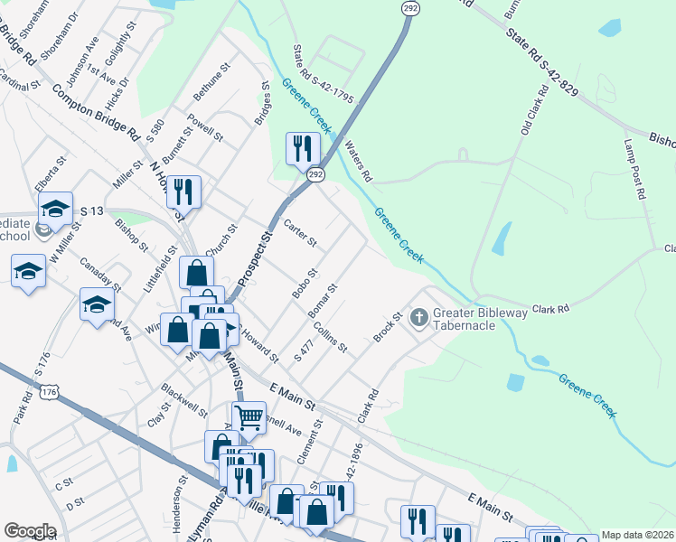 map of restaurants, bars, coffee shops, grocery stores, and more near 53 Bomar Street in Inman