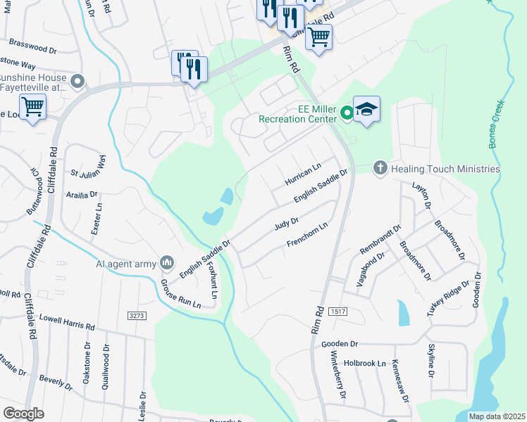 map of restaurants, bars, coffee shops, grocery stores, and more near 8404 English Saddle Drive in Fayetteville