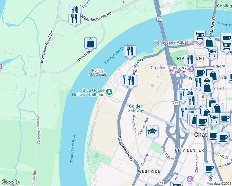 map of restaurants, bars, coffee shops, grocery stores, and more near 726 Fulton Street in Chattanooga