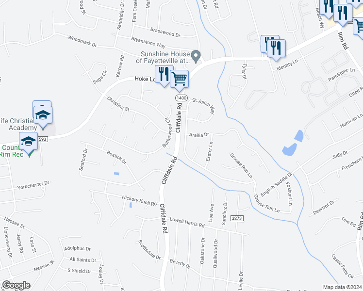map of restaurants, bars, coffee shops, grocery stores, and more near 6836 Saint Julian Way in Fayetteville