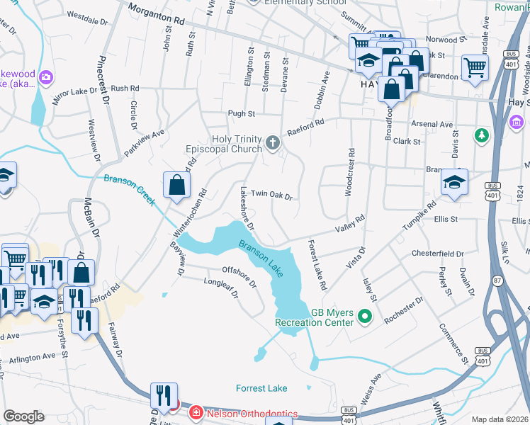 map of restaurants, bars, coffee shops, grocery stores, and more near 515 Valley Road in Fayetteville