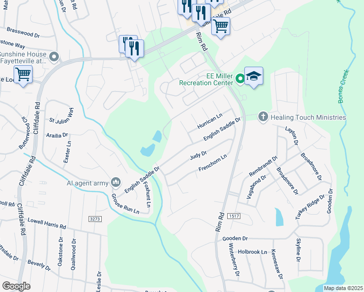 map of restaurants, bars, coffee shops, grocery stores, and more near 8404 English Saddle Drive in Fayetteville