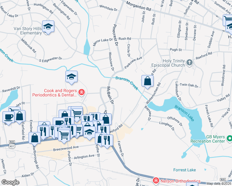 map of restaurants, bars, coffee shops, grocery stores, and more near 424 McRae Drive in Fayetteville