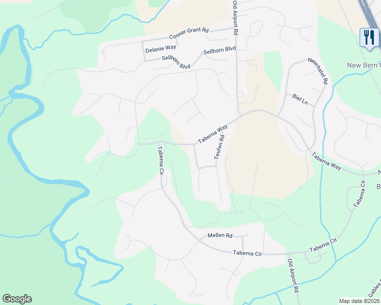 map of restaurants, bars, coffee shops, grocery stores, and more near 104 Friburg Road in New Bern