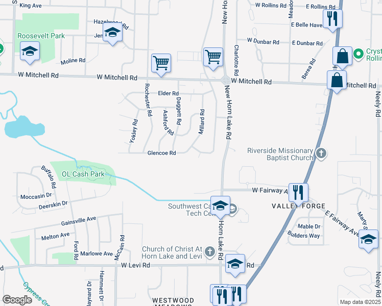 map of restaurants, bars, coffee shops, grocery stores, and more near 3588 Millard Road in Memphis