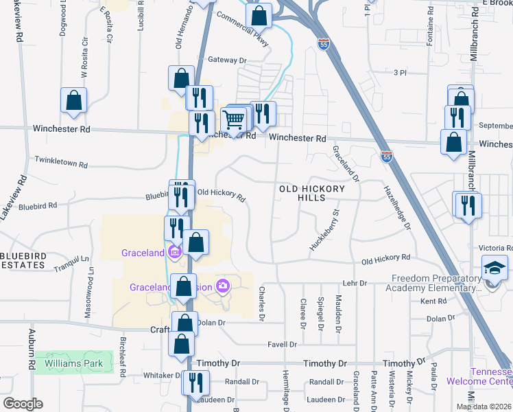 map of restaurants, bars, coffee shops, grocery stores, and more near 1260 Old Hickory Road in Memphis