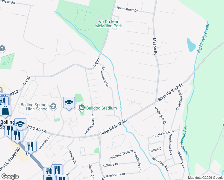 map of restaurants, bars, coffee shops, grocery stores, and more near 282 Laurelwood Drive in Boiling Springs