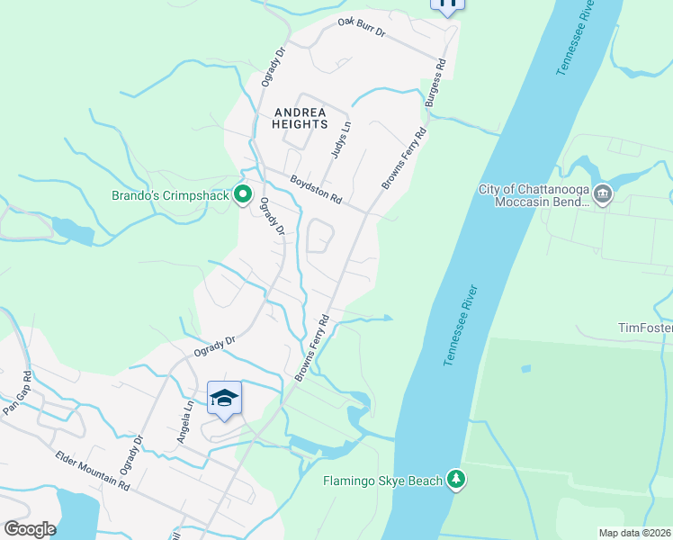 map of restaurants, bars, coffee shops, grocery stores, and more near 1105 Browns Ferry Rd in Chattanooga