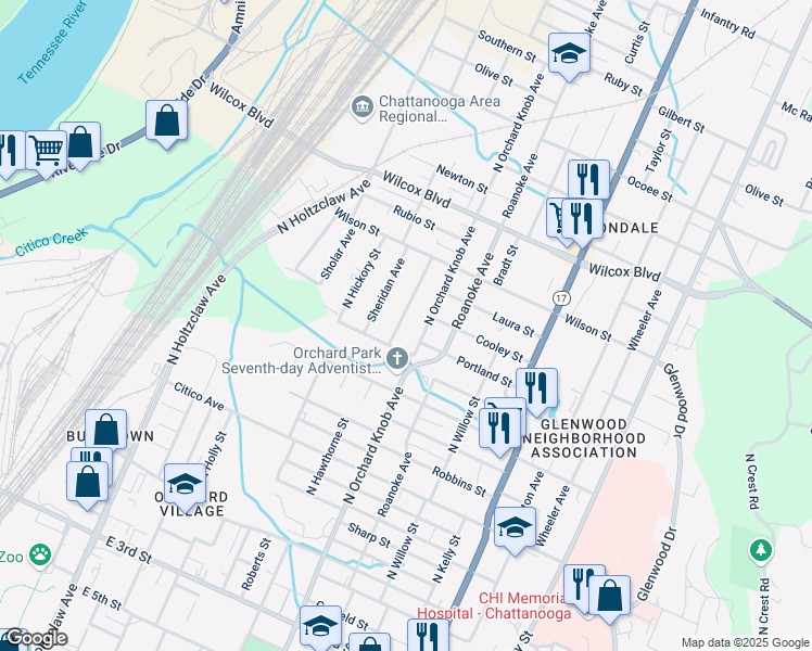 map of restaurants, bars, coffee shops, grocery stores, and more near 1092 North Hawthorne Street in Chattanooga
