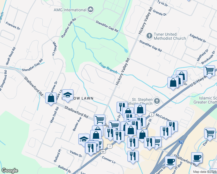 map of restaurants, bars, coffee shops, grocery stores, and more near 2409 Hickory Valley Road in Chattanooga