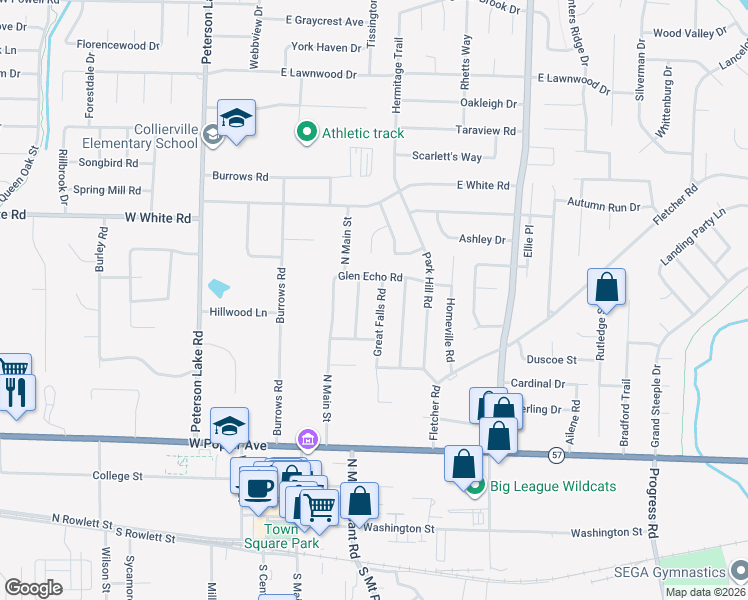 map of restaurants, bars, coffee shops, grocery stores, and more near 387 Great Falls Road in Collierville