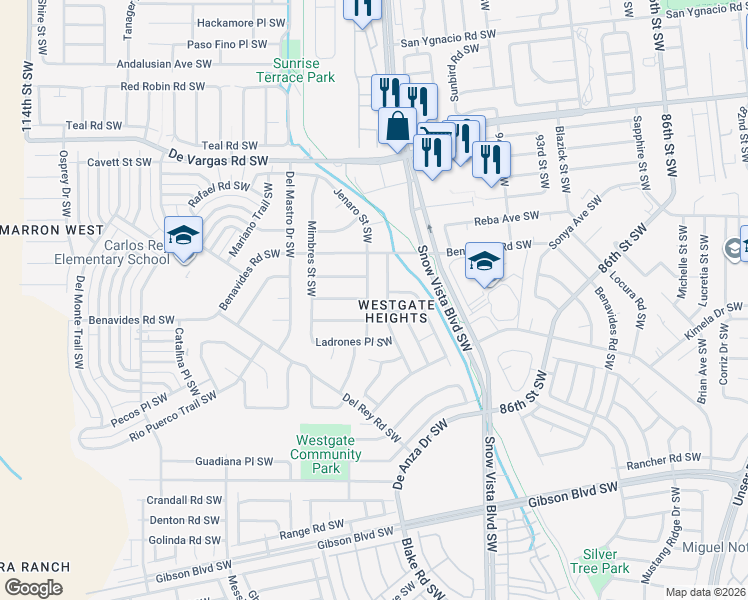 map of restaurants, bars, coffee shops, grocery stores, and more near 1244 Amole Vista Street Southwest in Albuquerque