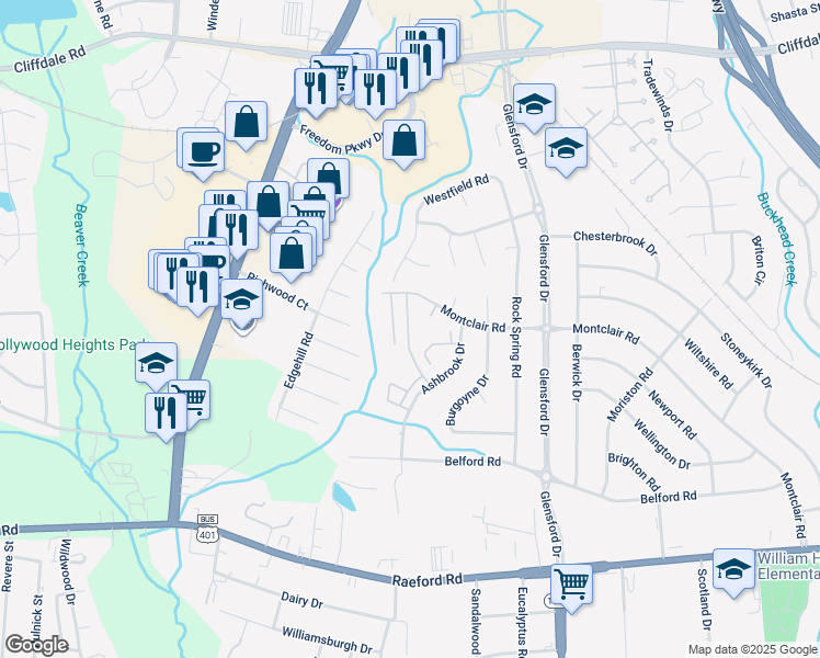 map of restaurants, bars, coffee shops, grocery stores, and more near 825 English Court in Fayetteville