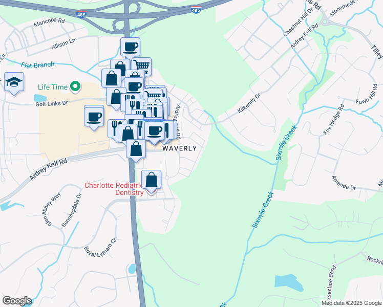 map of restaurants, bars, coffee shops, grocery stores, and more near 6101 Ardrey Kell Road in Charlotte