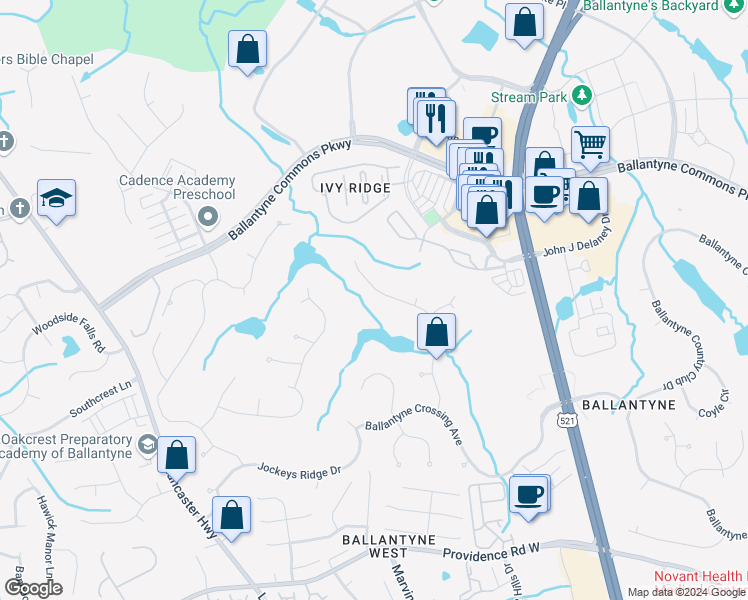 map of restaurants, bars, coffee shops, grocery stores, and more near 14358 Nolen Lane in Charlotte