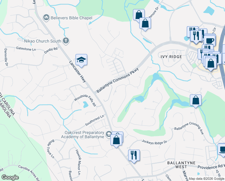 map of restaurants, bars, coffee shops, grocery stores, and more near 14541 Floral Hall Drive in Charlotte