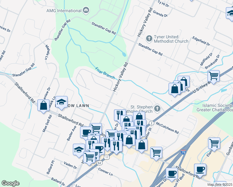 map of restaurants, bars, coffee shops, grocery stores, and more near 2416 Hickory Valley Road in Chattanooga