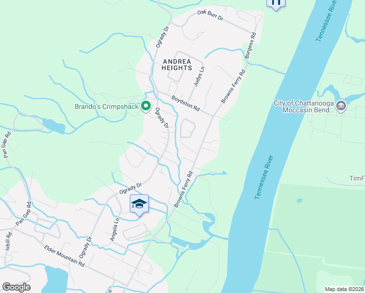 map of restaurants, bars, coffee shops, grocery stores, and more near 3307 Bonneville Circle in Chattanooga