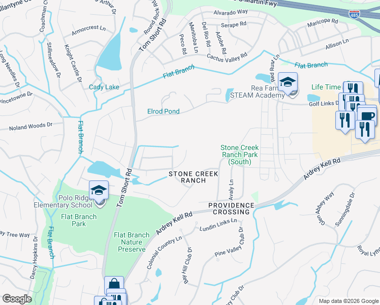map of restaurants, bars, coffee shops, grocery stores, and more near 5110 Mesa Verde Road in Charlotte