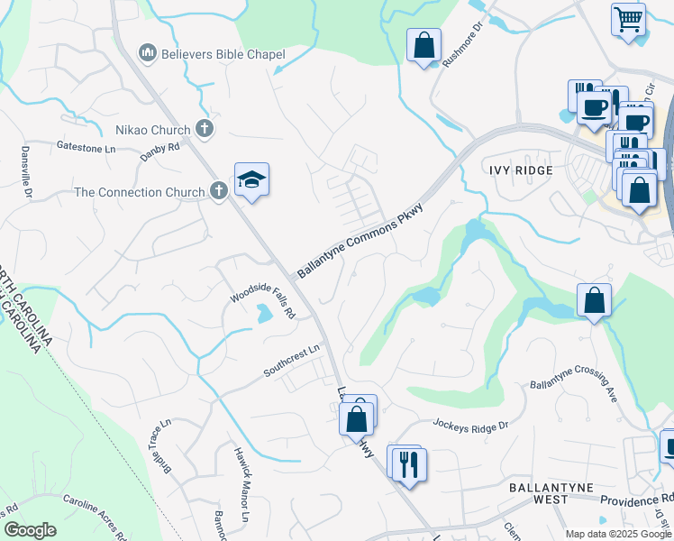 map of restaurants, bars, coffee shops, grocery stores, and more near 14446 Adair Manor Court in Charlotte