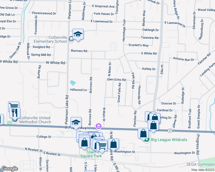 map of restaurants, bars, coffee shops, grocery stores, and more near 388 North Main Street in Collierville